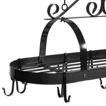 Load image into Gallery viewer, Victorian-Style Hanging Pot Rack Organizer w/ 10 Hooks, Shelf - Black
