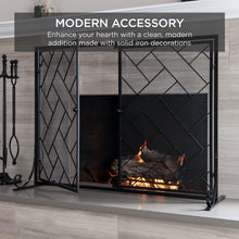 Load image into Gallery viewer, 44x33in 2-Panel Wrought Iron Geometric Fireplace Screen w/ Magnetic Doors
