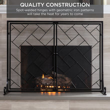 Load image into Gallery viewer, 44x33in 2-Panel Wrought Iron Geometric Fireplace Screen w/ Magnetic Doors
